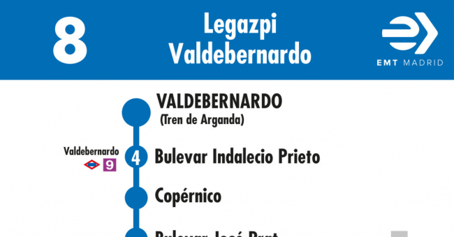 Tabla de horarios y frecuencias de paso en sentido vuelta Línea 8: Plaza de Legazpi - Valdebernardo