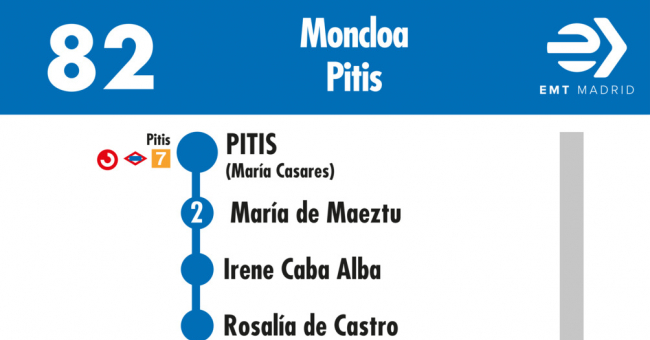 Tabla de horarios y frecuencias de paso en sentido vuelta Línea 82: Moncloa - Barrio de Peñagrande