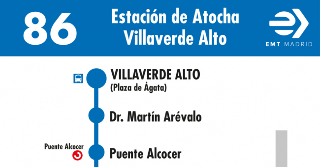 Tabla de horarios y frecuencias de paso en sentido vuelta Línea 86: Atocha - Villaverde Alto