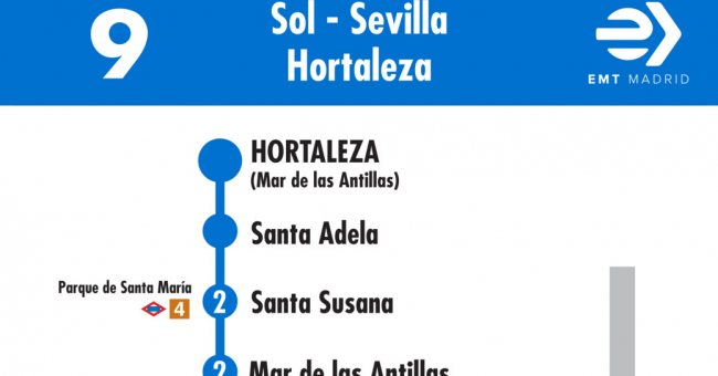 Tabla de horarios y frecuencias de paso en sentido vuelta Línea 9: Sevilla - Hortaleza