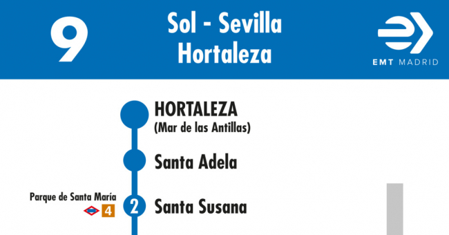 Tabla de horarios y frecuencias de paso en sentido vuelta Línea 9: Sevilla - Hortaleza