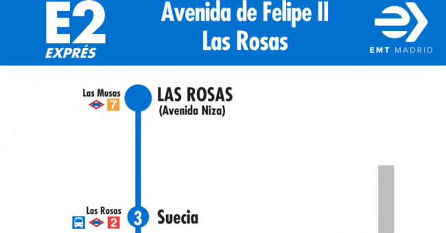 Tabla de horarios y frecuencias de paso en sentido vuelta Línea E2: Avenida de Felipe II - Las Rosas