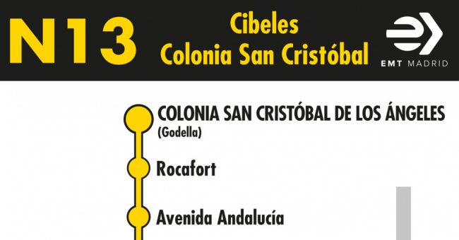 Tabla de horarios y frecuencias de paso en sentido vuelta Línea N13: Plaza de Cibeles - Colonia San Cristóbal de los Ángeles (búho)