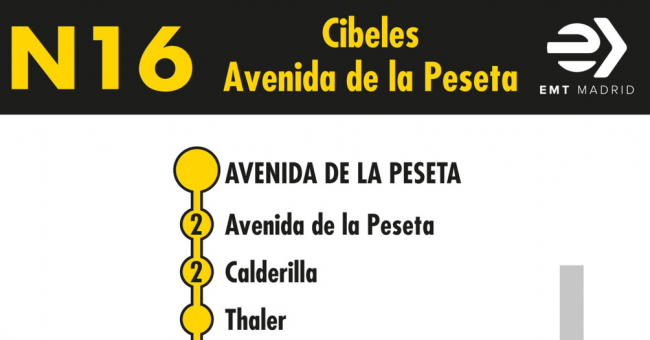 Tabla de horarios y frecuencias de paso en sentido vuelta Línea N16: Plaza de Cibeles - Avenida de la Peseta (búho)