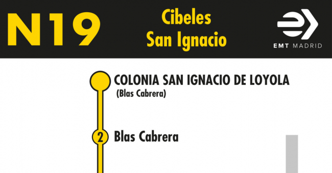 Tabla de horarios y frecuencias de paso en sentido vuelta Línea N19: Plaza de Cibeles - Colonia San Ignacio de Loyola (búho)