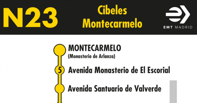 Tabla de horarios y frecuencias de paso en sentido vuelta Línea N23: Plaza de Cibeles - Montecarmelo (búho)