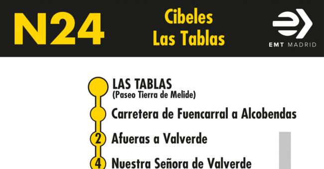 Tabla de horarios y frecuencias de paso en sentido vuelta Línea N24: Plaza de Cibeles - Las Tablas (búho)