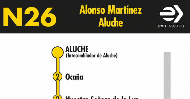 Tabla de horarios y frecuencias de paso en sentido vuelta Línea N26: Alonso Martínez - Aluche (búho)