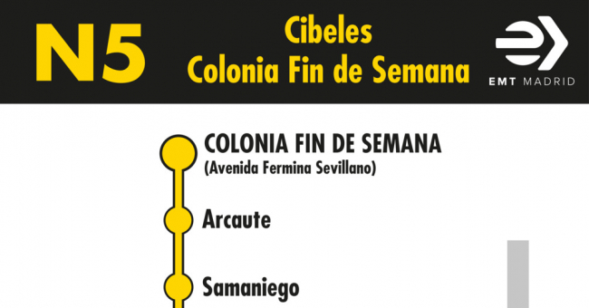 Tabla de horarios y frecuencias de paso en sentido vuelta Línea N5: Plaza de Cibeles - Colonia Fin de Semana (búho)