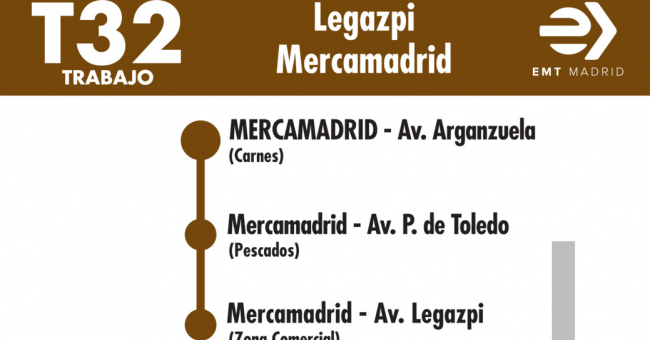 Tabla de horarios y frecuencias de paso en sentido vuelta Línea T32: Plaza de Legazpi - Mercamadrid