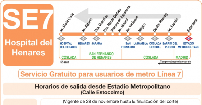 Tabla de horarios y frecuencias de paso en sentido vuelta Línea SE 7: Estadio Metropolitano - Hospital del Henares