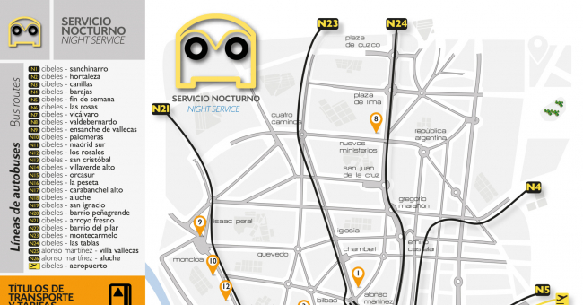 Plano Nocturno de Autobuses EMT de Madrid