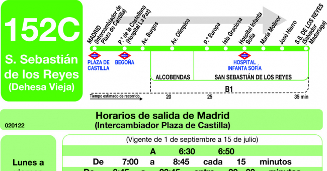Tabla de horarios y frecuencias de paso en sentido ida Línea 152-C: Madrid (Plaza Castilla) - San Sebastián de los Reyes (Dehesa Vieja)