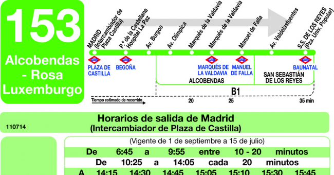 Tabla de horarios y frecuencias de paso en sentido ida Línea 153: Madrid (Plaza Castilla) - Alcobendas - Rosa de Luxemburgo