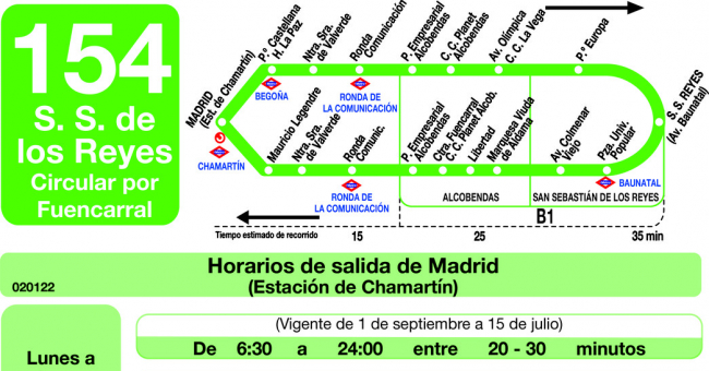Tabla de horarios y frecuencias de paso en sentido ida Línea 154: Madrid (Chamartín) - San Sebastián de los Reyes