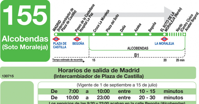 Tabla de horarios y frecuencias de paso en sentido ida Línea 155: Madrid (Plaza Castilla) - El Soto de la Moraleja