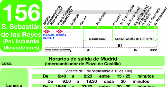 Tabla de horarios y frecuencias de paso en sentido ida Línea 156: Madrid (Plaza Castilla) - San Sebastián de los Reyes (Moscatelares)