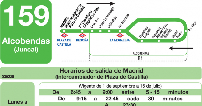 Tabla de horarios y frecuencias de paso en sentido ida Línea 159: Madrid (Plaza Castilla) - Alcobendas (Arroyo de la Vega)