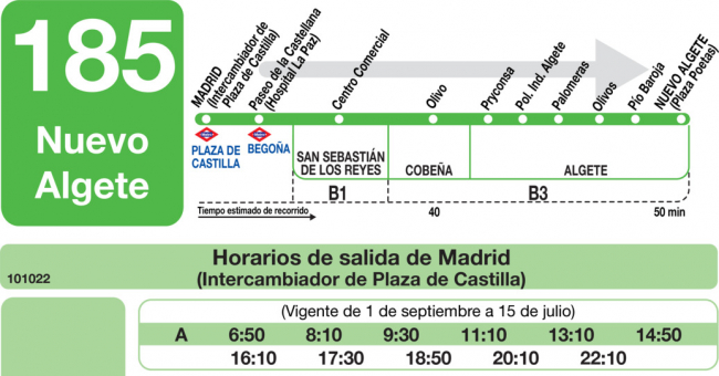 Tabla de horarios y frecuencias de paso en sentido ida Línea 185: Madrid (Plaza Castilla) - Nuevo Algete