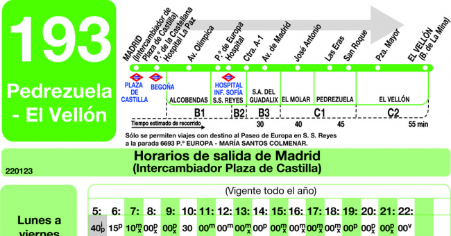 Tabla de horarios y frecuencias de paso en sentido ida Línea 193: Madrid (Plaza Castilla) - Pedrezuela - El Vellón