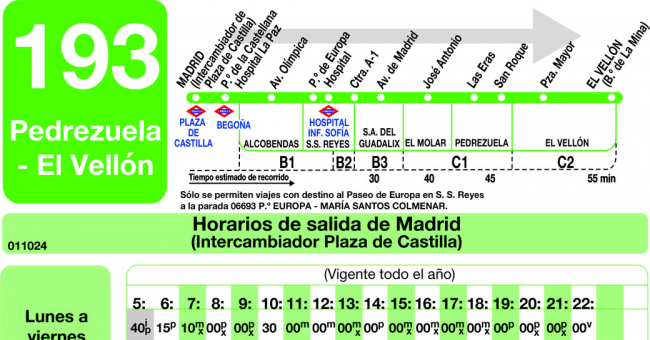 Tabla de horarios y frecuencias de paso en sentido ida Línea 193: Madrid (Plaza Castilla) - Pedrezuela - El Vellón