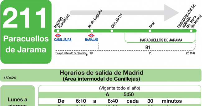 Tabla de horarios y frecuencias de paso en sentido ida Línea 211: Madrid (Ciudad Lineal) - Paracuellos - Belvis