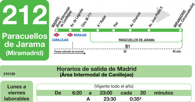 Tabla de horarios y frecuencias de paso en sentido ida Línea 212: Madrid (Canillejas) - Paracuellos (Berrocales)