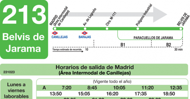 Tabla de horarios y frecuencias de paso en sentido ida Línea 213: Madrid (Canillejas) - Belvis