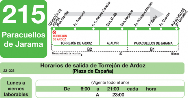 Tabla de horarios y frecuencias de paso en sentido ida Línea 215: Torrejón de Ardoz - Paracuellos de Jarama