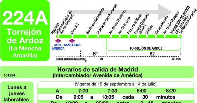 Tabla de horarios y frecuencias de paso en sentido ida Línea 224-A: Madrid (Avenida América) - Torrejón de Ardoz (La Mancha Amarilla)