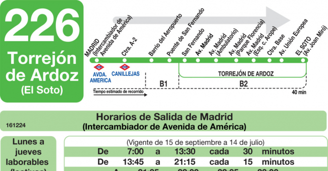 Tabla de horarios y frecuencias de paso en sentido ida Línea 226: Madrid (Avenida América) - Torrejón de Ardoz (Las Veredillas)