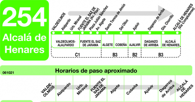 Tabla de horarios y frecuencias de paso en sentido ida Línea 254: Valdeolmos - Fuente El Saz - Alcalá de Henares