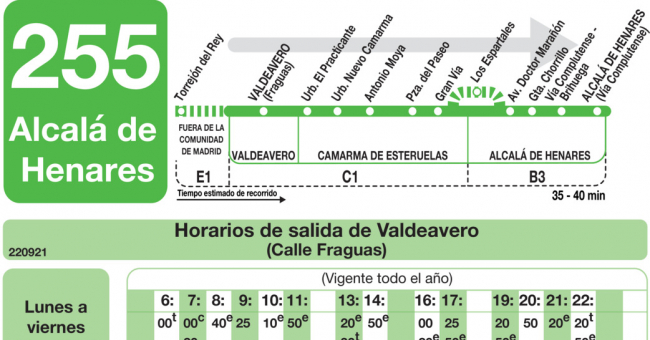 Tabla de horarios y frecuencias de paso en sentido ida Línea 255: Valdeavero - Camarma de Esteruelas - Alcalá de Henares
