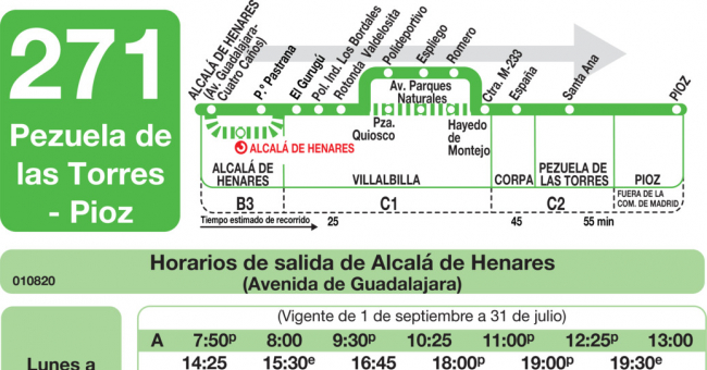 Tabla de horarios y frecuencias de paso en sentido ida Línea 271: Alcala de Henares - Pezuela - Pioz