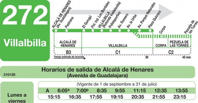 Tabla de horarios y frecuencias de paso en sentido ida Línea 272: Alcalá de Henares - Villalbilla