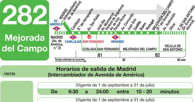 Tabla de horarios y frecuencias de paso en sentido ida Línea 282: Madrid (Avenida America) - San Fernando - Mejorada