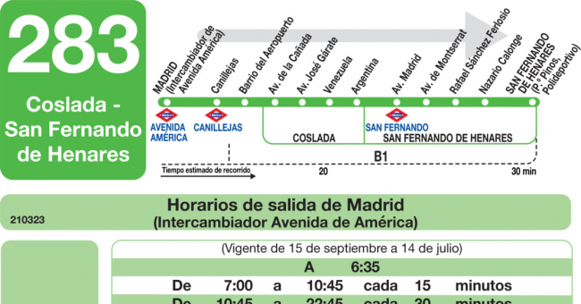 Tabla de horarios y frecuencias de paso en sentido ida Línea 283: Madrid (Avenida de América) - Coslada - San Fernando