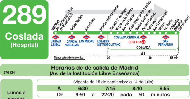 Tabla de horarios y frecuencias de paso en sentido ida Línea 289: Madrid (Ciudad Lineal) - Coslada (Hospital)