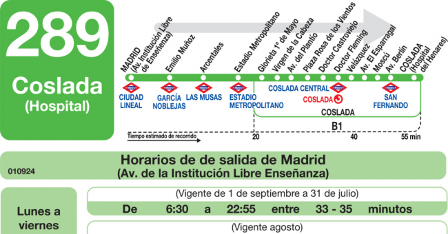 Tabla de horarios y frecuencias de paso en sentido ida Línea 289: Madrid (Ciudad Lineal) - Coslada (Hospital)