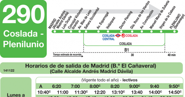Tabla de horarios y frecuencias de paso en sentido ida Línea 290: Madrid (El Cañaveral) - Coslada (Plenilunio)