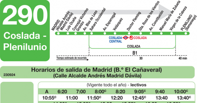 Tabla de horarios y frecuencias de paso en sentido ida Línea 290: Madrid (El Cañaveral) - Coslada (Plenilunio)