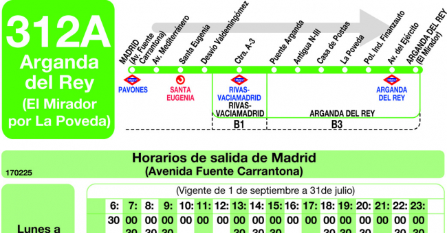 Tabla de horarios y frecuencias de paso en sentido ida Línea 312-A: Madrid (Conde Casal) - Arganda (El Mirador) - La Poveda