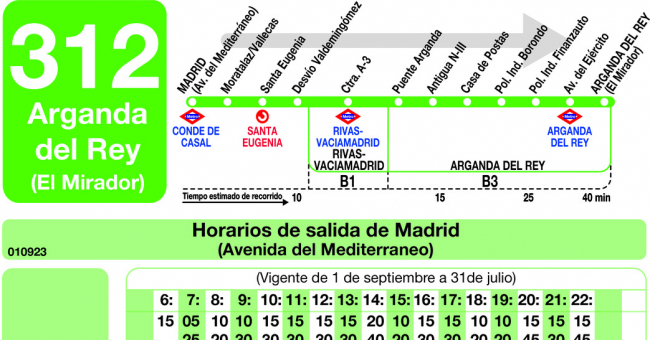 Tabla de horarios y frecuencias de paso en sentido ida Línea 312: Madrid (Conde Casal) - Arganda (El Mirador)
