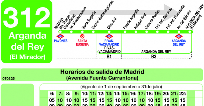 Tabla de horarios y frecuencias de paso en sentido ida Línea 312: Madrid (Conde Casal) - Arganda (El Mirador)