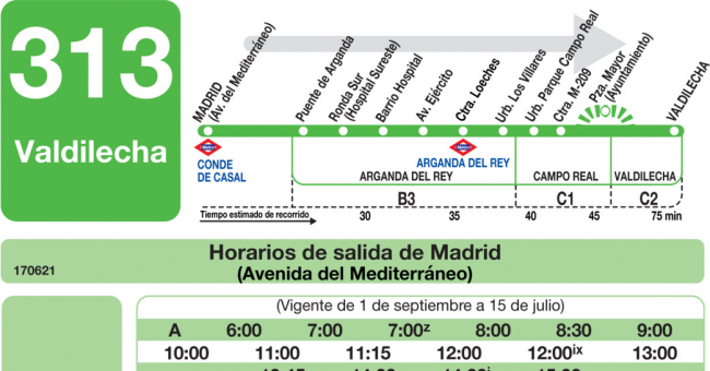 Tabla de horarios y frecuencias de paso en sentido ida Línea 313: Madrid (Conde Casal) - Valdilecha