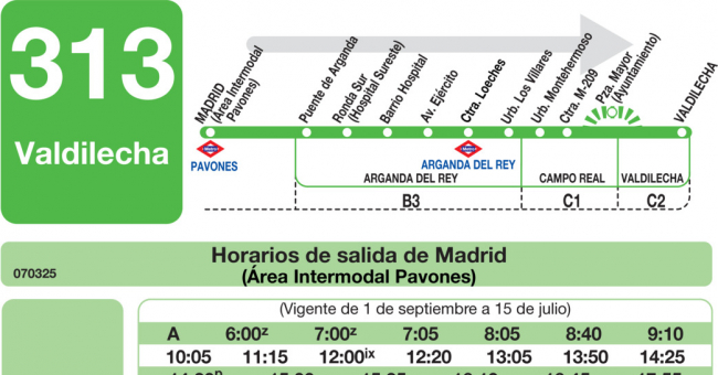 Tabla de horarios y frecuencias de paso en sentido ida Línea 313: Madrid (Conde Casal) - Valdilecha