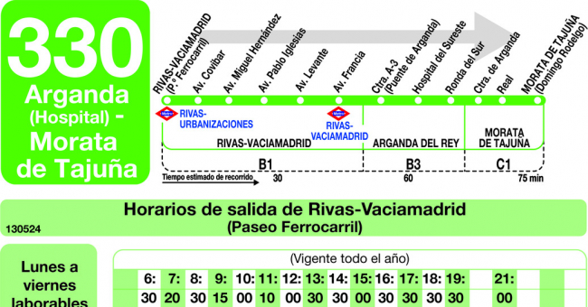Tabla de horarios y frecuencias de paso en sentido ida Línea 330: Rivas - Arganda (Hospital) - Morata