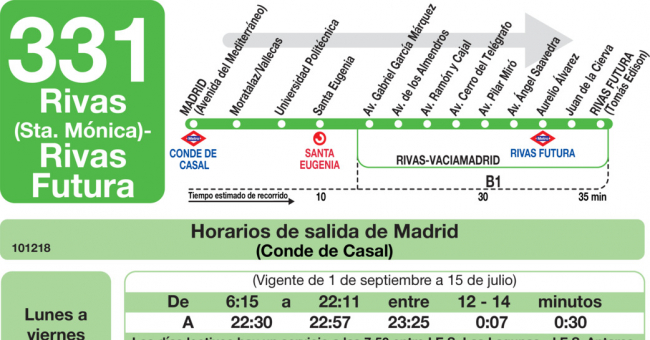 Tabla de horarios y frecuencias de paso en sentido ida Línea 331: Madrid (Conde Casal) - Rivas Urbanización (Santa Mónica)