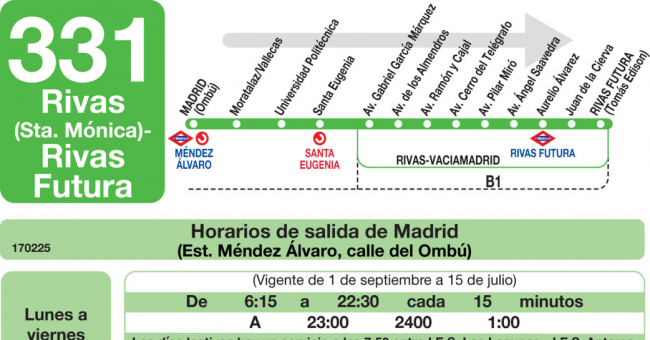 Tabla de horarios y frecuencias de paso en sentido ida Línea 331: Madrid (Conde Casal) - Rivas Urbanización (Santa Mónica)