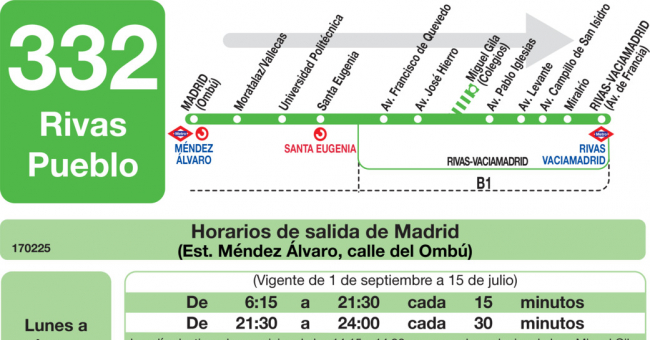 Tabla de horarios y frecuencias de paso en sentido ida Línea 332: Madrid (Conde de Casal) - Rivas (Pueblo)